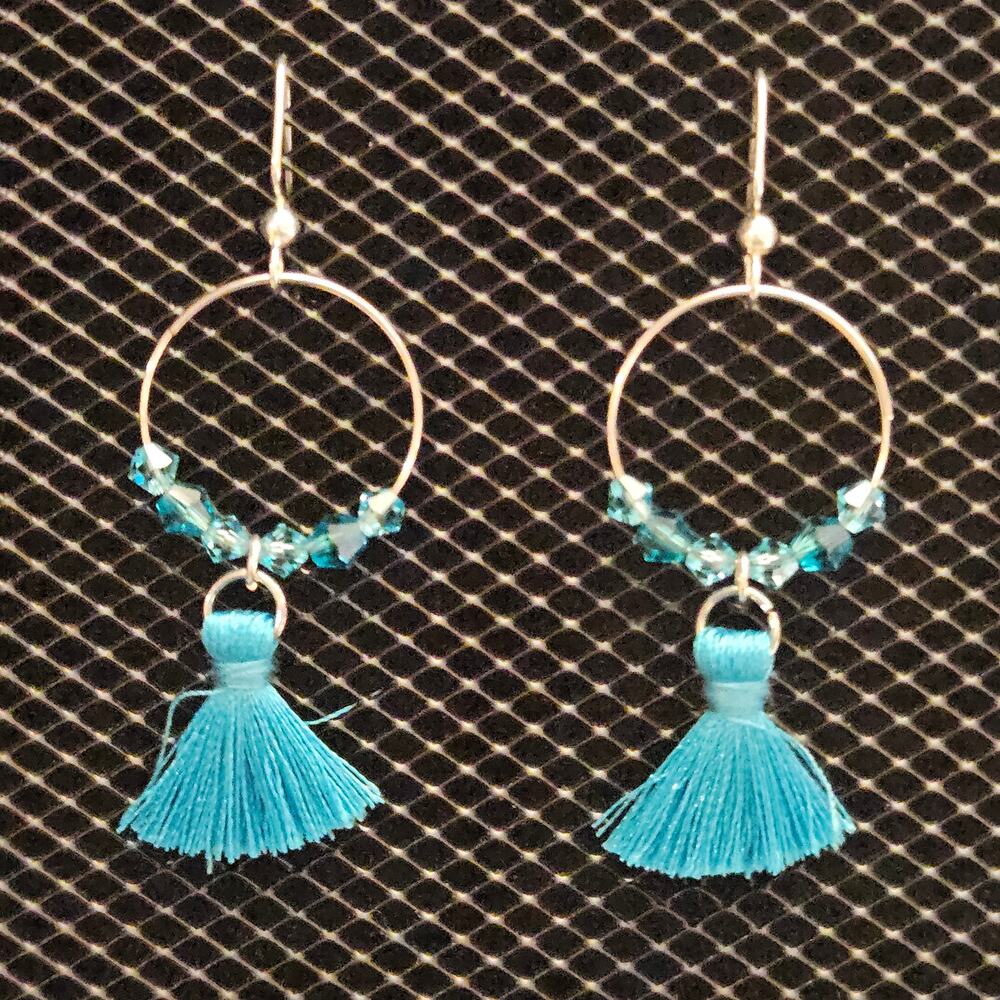 Teal and aqua glass beaded and tassel hoop earrings